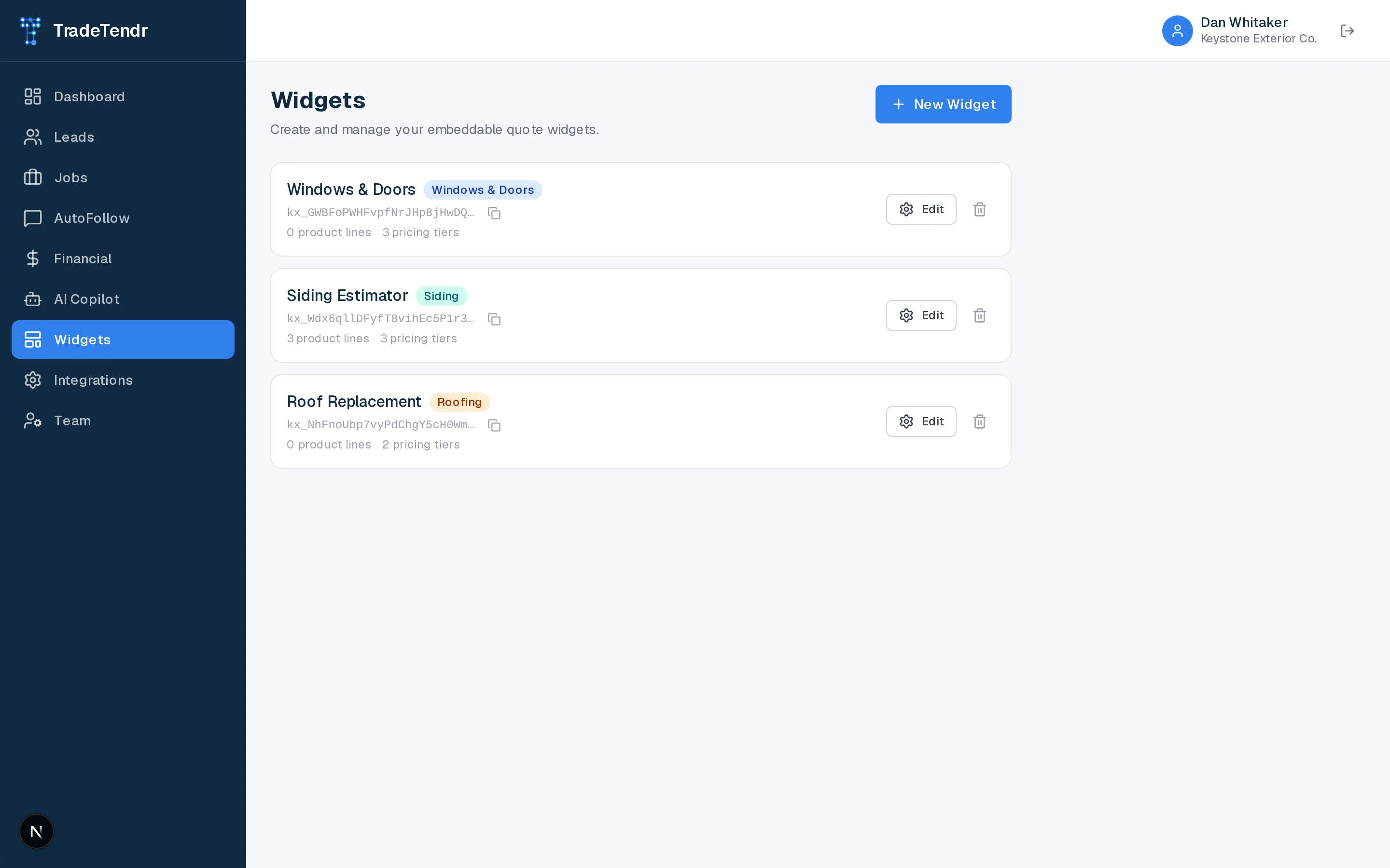Widget management screen listing separate windows, siding, and roofing widgets